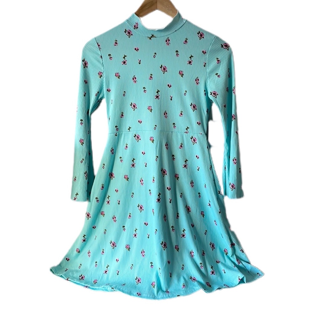 Velvet Torch Ribbed Teal Floral Mock Turtle Neck Mini Dress - Picture 2 of 12